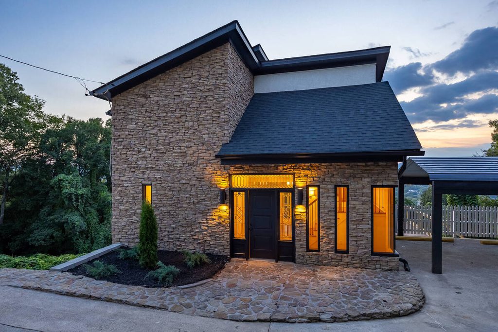 Brightened twilight house exterior image evaluated during AI photo culling.