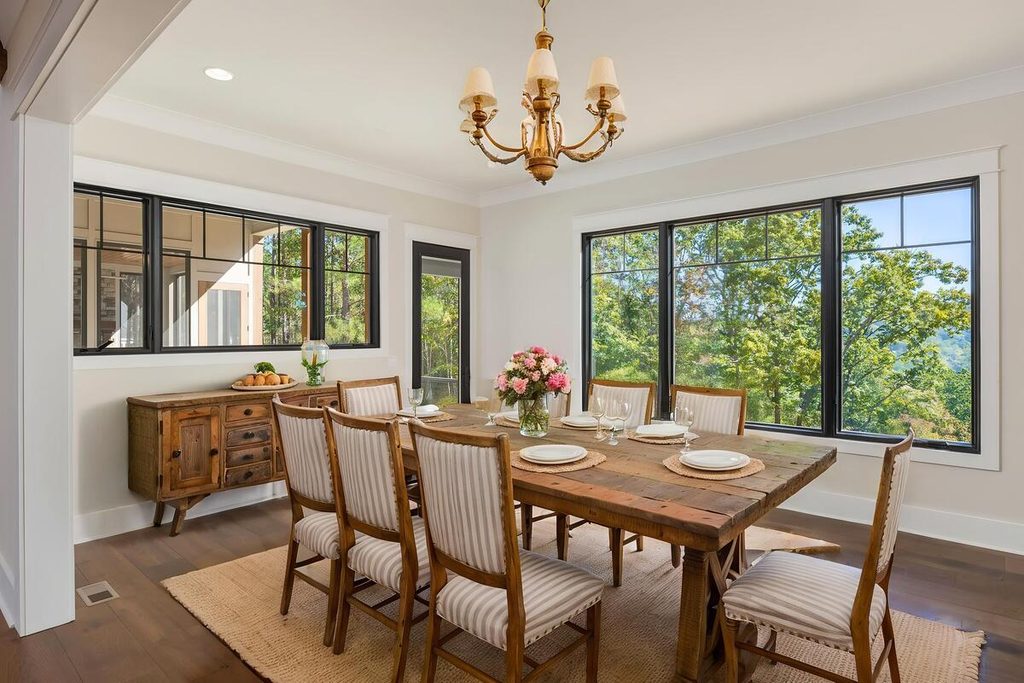 Virtual staging with a farmhouse dining table and striped chairs