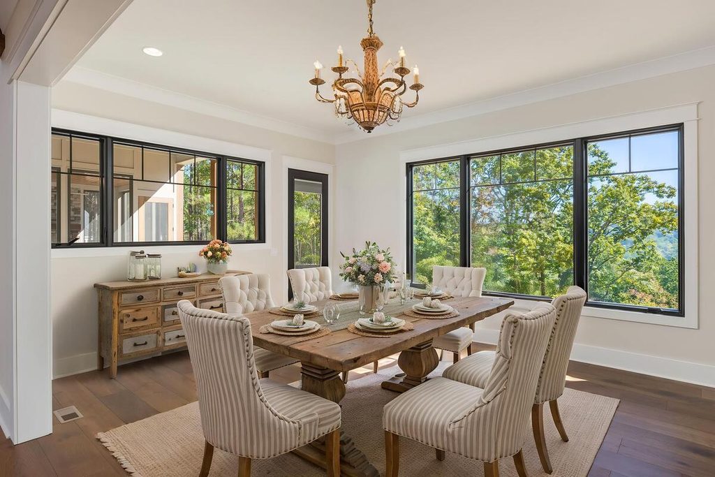 Virtual staging with an elegant wooden table and upholstered dining chairs