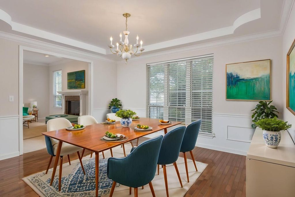 Virtual staging with mid-century furniture and blue upholstered chairs
