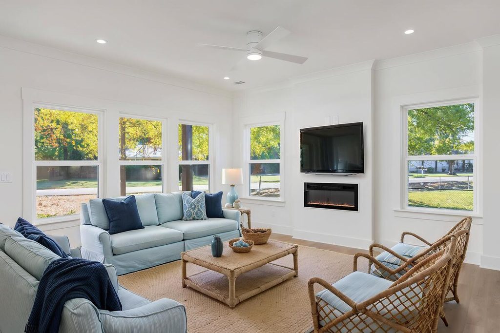 Staged living room with coastal furniture.