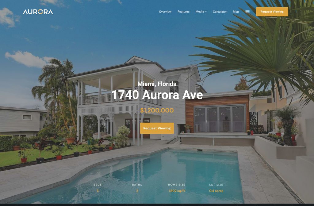 Aurora property website featuring a Miami home.