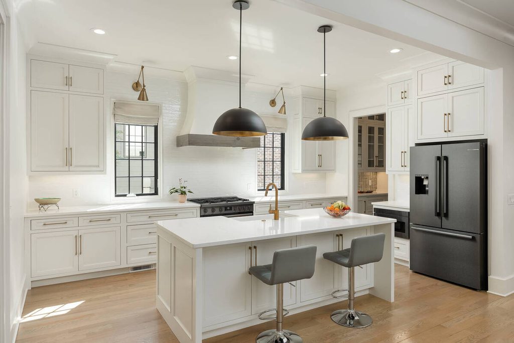 AI exposure correction for a modern white kitchen