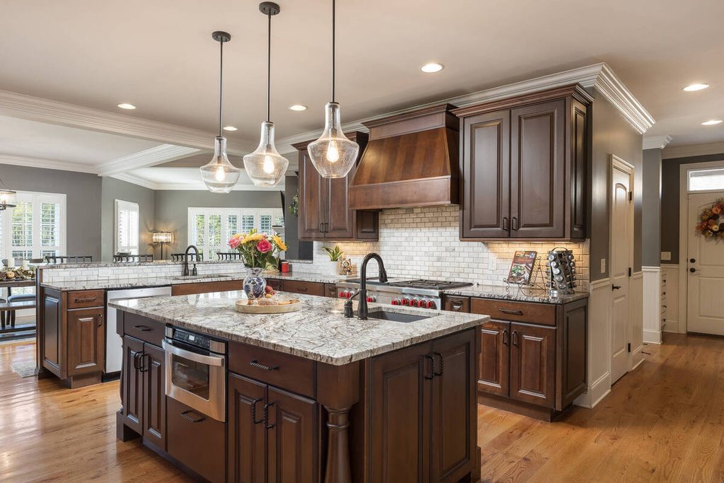 AI exposure correction in a kitchen with dark wood cabinets
