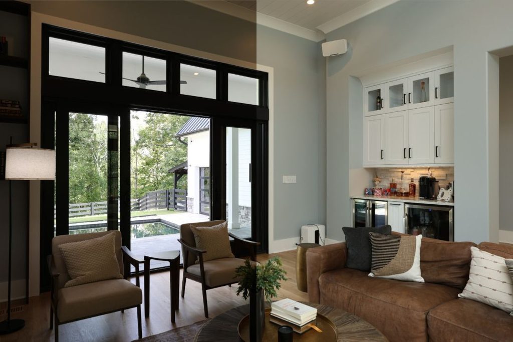Before and after AI exposure correction in a living room